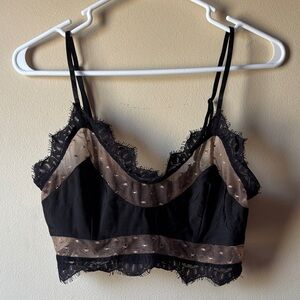 For Love and Lemons Skivvies Black Lace-Trim Bralette with Taupe Mesh Insets